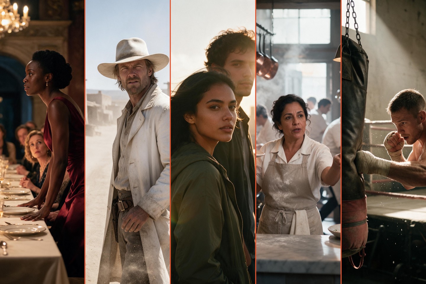 Five vertical strips from five different BoxBeauty dramas, set side by side: a woman in red leaning over a candlelit banquet table before a silent room, a gunslinger on a dusty frontier street, a couple on a rooftop at dusk, a head chef calling the pass in a steam-filled kitchen, and a boxer working a heavy bag.