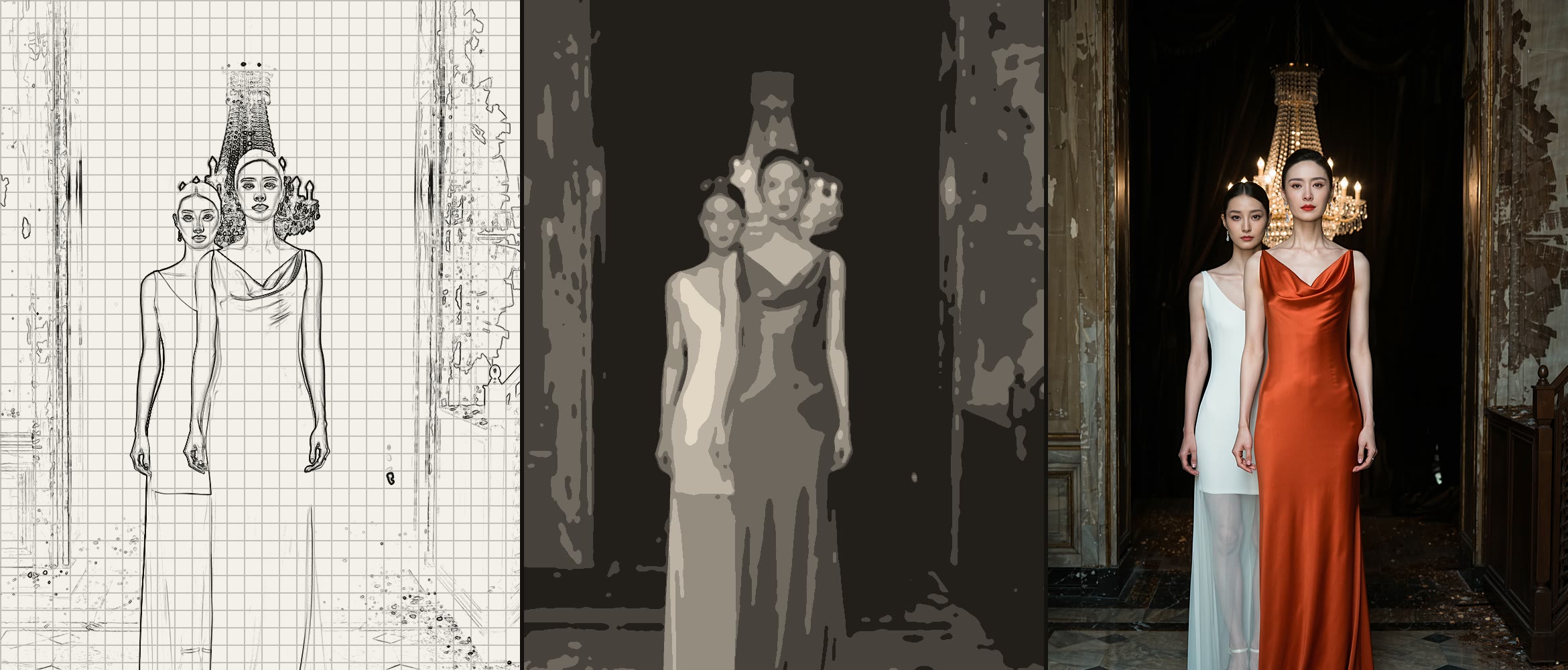 Generation sequence — the same moment shown as keyframes, a partial render, and the final graded frame