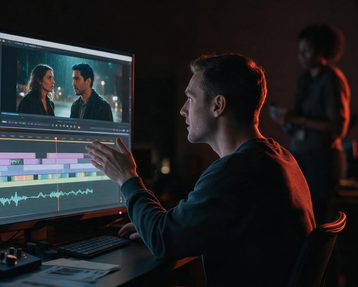 A picture editor blocking through an AI-rendered drama scene on a two-screen non-linear editing suite, lit by cool monitor glow and warm rim light