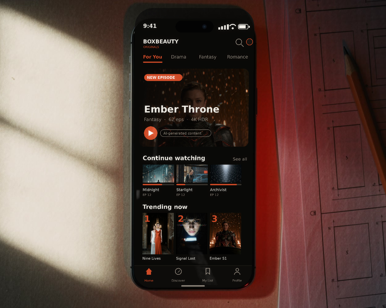 BoxBeauty Originals streaming app on a phone screen, featuring the series Ember Throne with an AI-generated content label