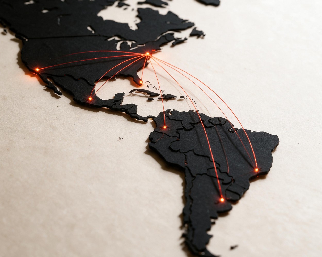 Paper-cut relief map of North and South America with glowing vermilion distribution routes linking major markets
