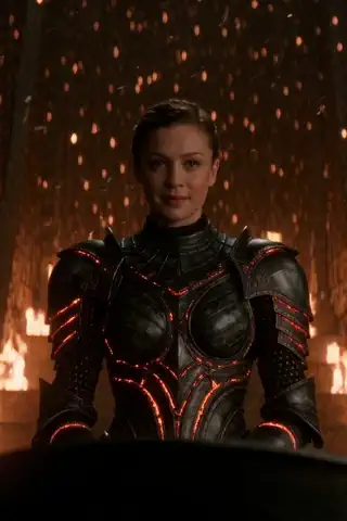 Ember Throne: a looping clip of a fire-lit fantasy protagonist in ornate black armor, embers drifting through the dark hall.