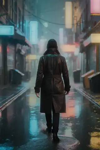Midnight Contract: a looping clip of a lone silhouette in a long coat walking away down a rain-soaked neon alley.