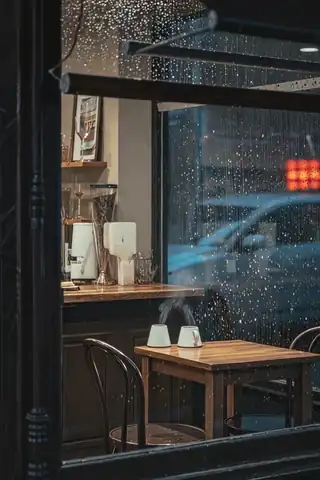 Starlight Cafe: a looping clip of a rain-streaked cafe window at dusk, steam rising from two cups on an empty wooden table.