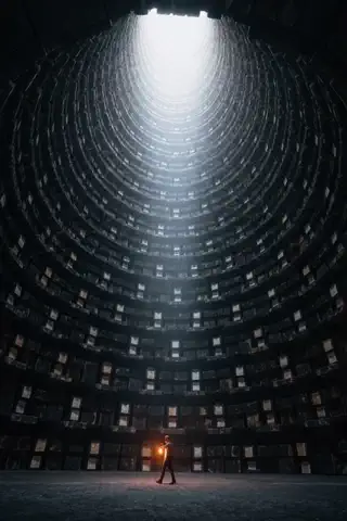 The Last Archivist: a looping clip of a single figure with a lantern standing beneath a shaft of light in a vast circular archive.